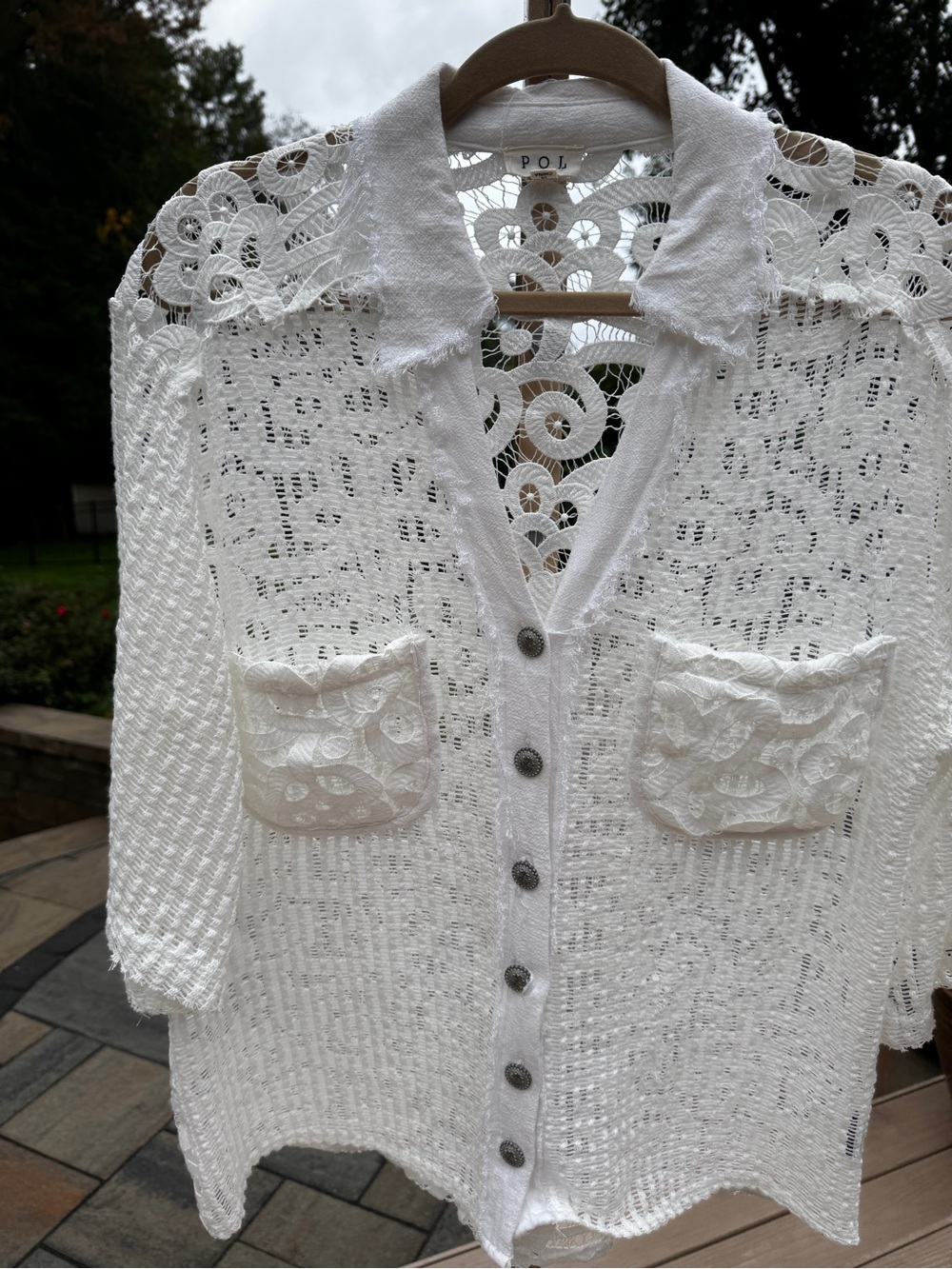 POL Anthropologie White Lace Embroidered Button Shirt Jacket Boho Small S